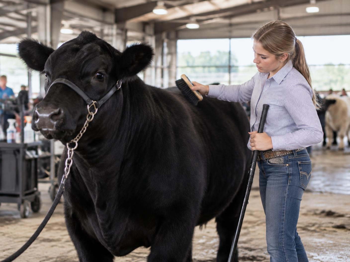 Junior exhibitor fitting a market steer in the show barn