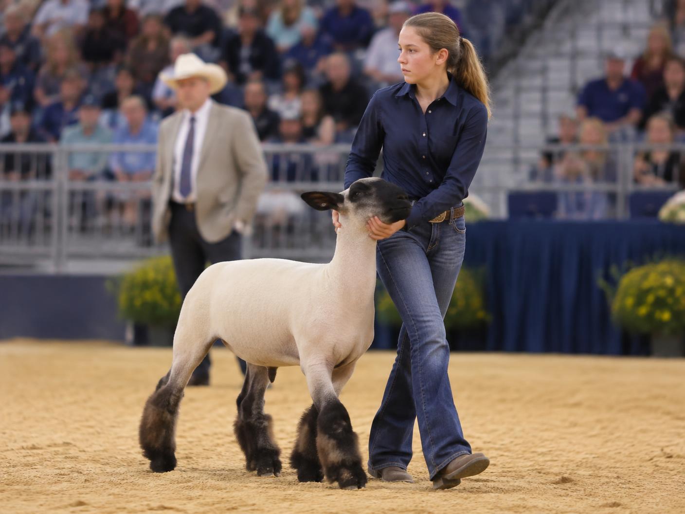 Junior showman presenting a fitted lamb in the show ring
