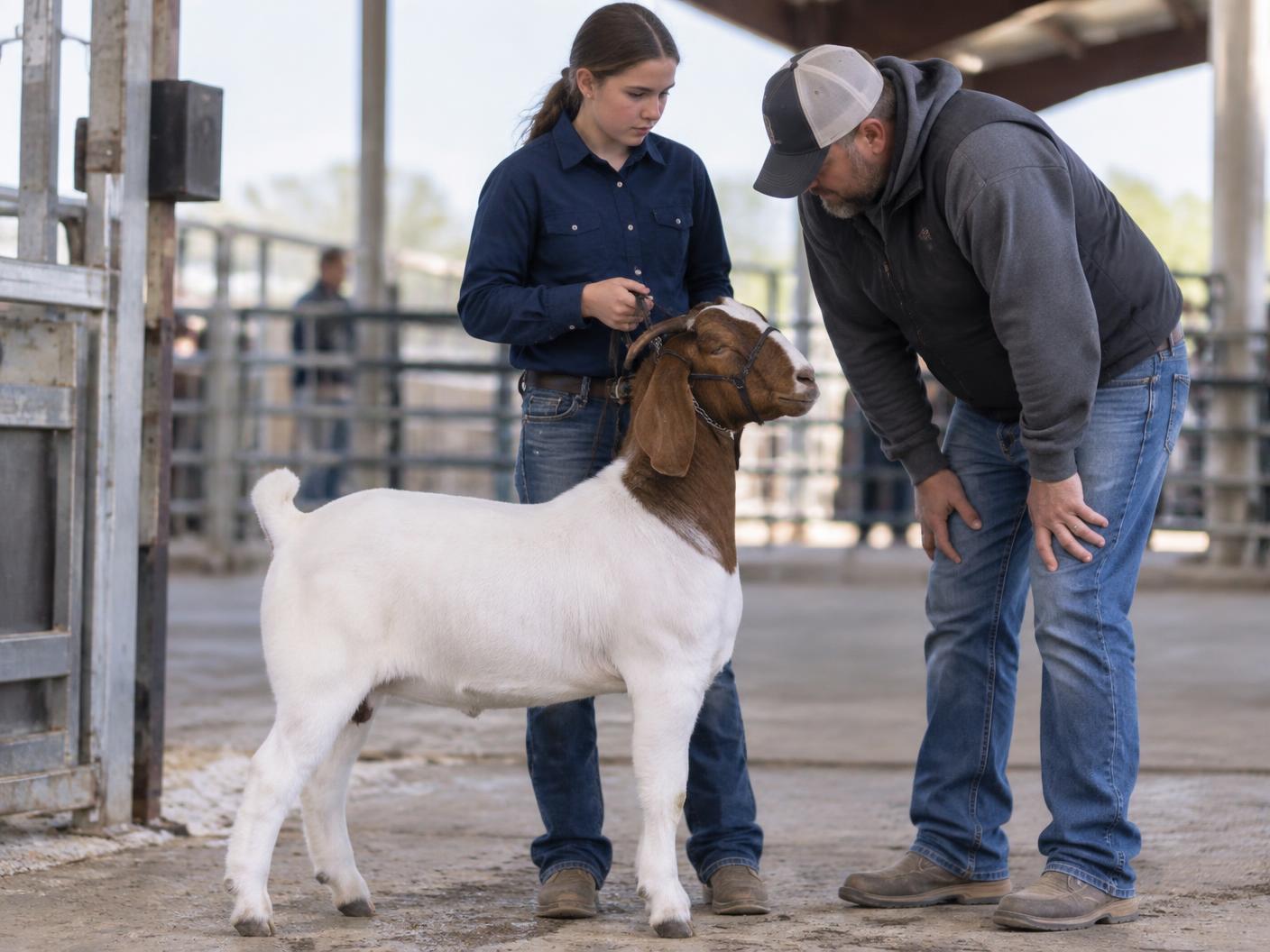 Junior exhibitor and advisor checking a show goat together